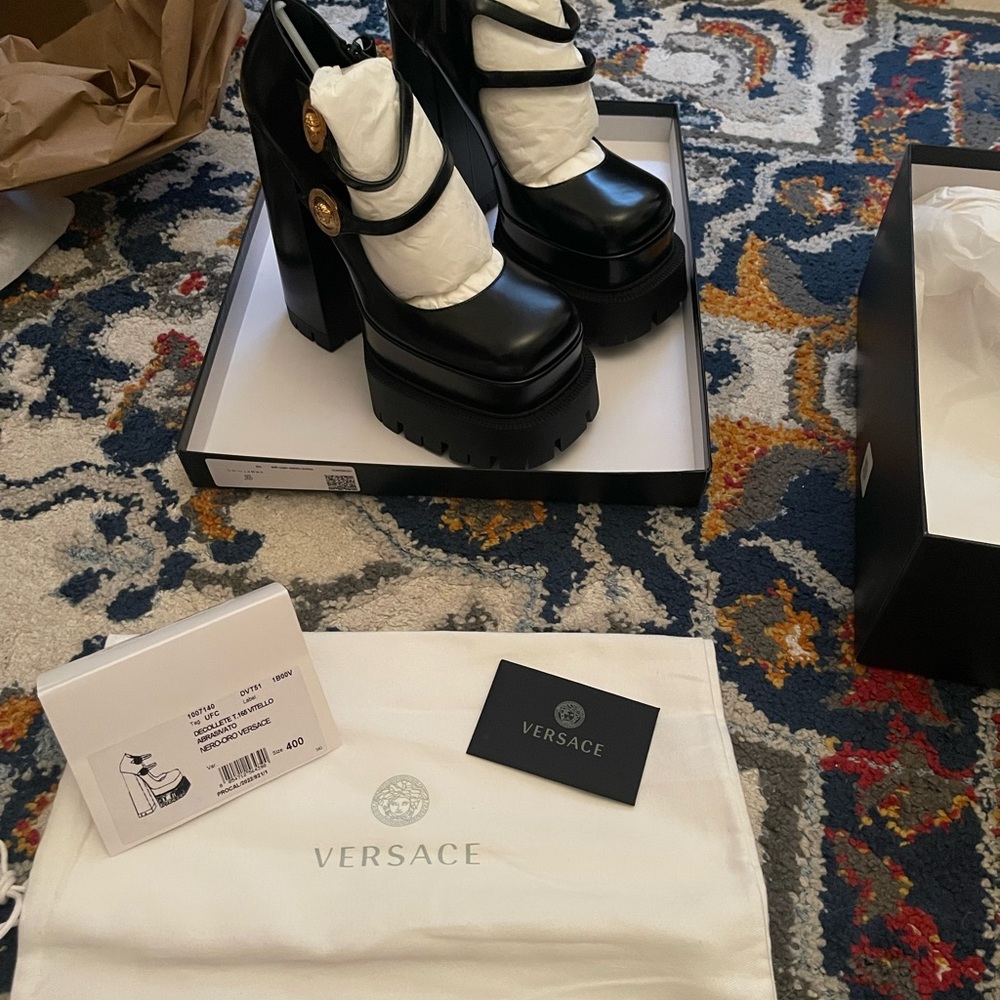 VERSACE Black Double Strap Mary Jane Chunky Platforms with Gold Accents